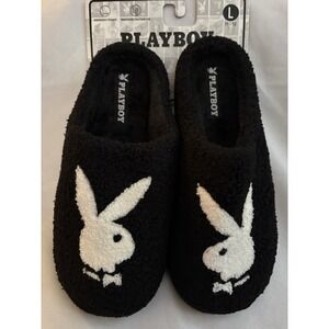 NEW Playboy SLIPPERS Bunny Logo Men's Large 11-12 Black & White Slip On Slippers